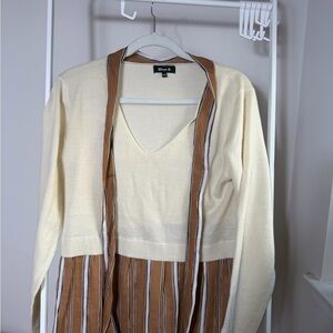 Eileen Fisher Cream and Brown V-Neck Sweater